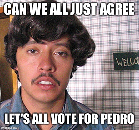 Vote for Pedro  |  CAN WE ALL JUST AGREE; LET'S ALL VOTE FOR PEDRO | image tagged in vote for pedro | made w/ Imgflip meme maker