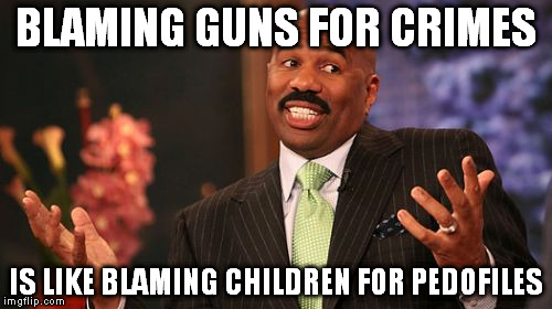 Steve Harvey | BLAMING GUNS FOR CRIMES; IS LIKE BLAMING CHILDREN FOR PEDOFILES | image tagged in memes,steve harvey | made w/ Imgflip meme maker