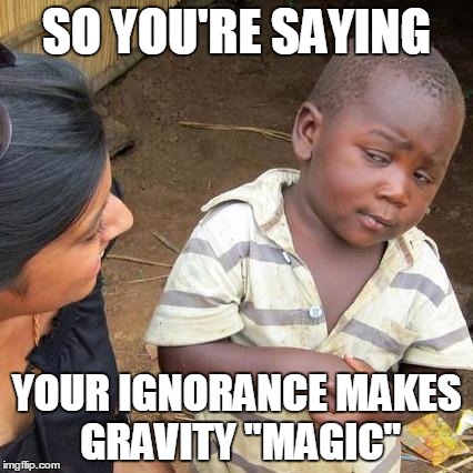 Third World Skeptical Kid Meme | SO YOU'RE SAYING YOUR IGNORANCE MAKES GRAVITY "MAGIC" | image tagged in memes,third world skeptical kid | made w/ Imgflip meme maker