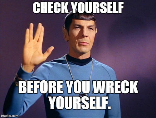 CHECK YOURSELF; BEFORE YOU WRECK YOURSELF. | image tagged in spock | made w/ Imgflip meme maker