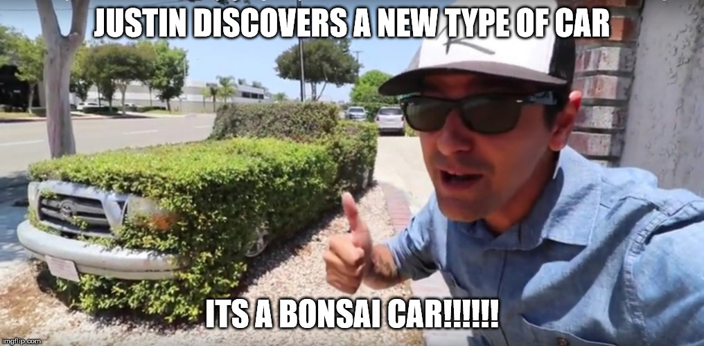 Justin | JUSTIN DISCOVERS A NEW TYPE OF CAR; ITS A BONSAI CAR!!!!!! | image tagged in meme,justin,car | made w/ Imgflip meme maker