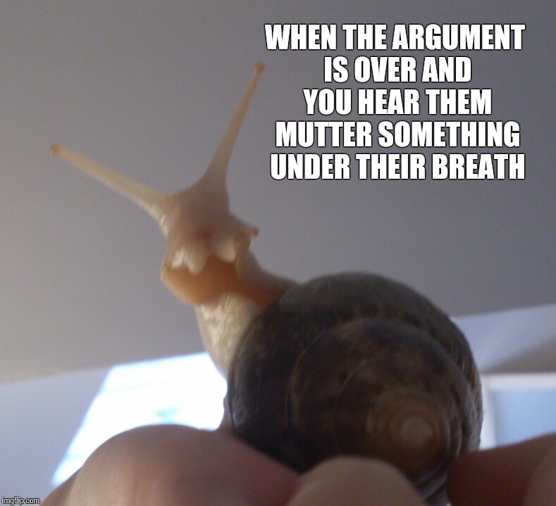 Pear the snail | WHEN THE ARGUMENT IS OVER AND YOU HEAR THEM MUTTER SOMETHING UNDER THEIR BREATH | image tagged in pear the snail | made w/ Imgflip meme maker