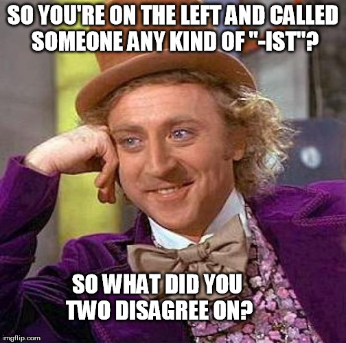 Creepy Condescending Wonka | SO YOU'RE ON THE LEFT AND CALLED SOMEONE ANY KIND OF "-IST"? SO WHAT DID YOU TWO DISAGREE ON? | image tagged in memes,creepy condescending wonka | made w/ Imgflip meme maker