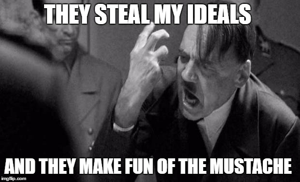 hitler | THEY STEAL MY IDEALS; AND THEY MAKE FUN OF THE MUSTACHE | image tagged in hitler | made w/ Imgflip meme maker