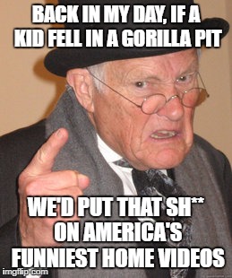 True Story | BACK IN MY DAY, IF A KID FELL IN A GORILLA PIT; WE'D PUT THAT SH** ON AMERICA'S FUNNIEST HOME VIDEOS | image tagged in memes,back in my day | made w/ Imgflip meme maker