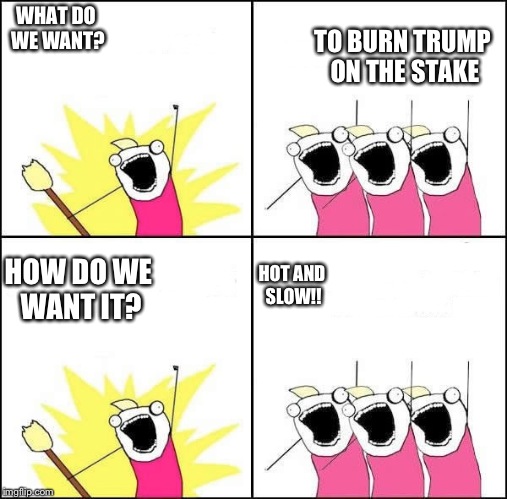 What do we want? | WHAT DO WE WANT? TO BURN TRUMP ON THE STAKE; HOT AND SLOW!! HOW DO WE WANT IT? | image tagged in what do we want | made w/ Imgflip meme maker