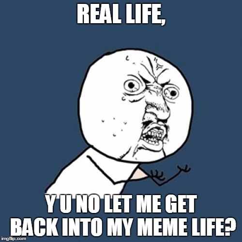 Busy, Busy, Busy...
 | REAL LIFE, Y U NO LET ME GET BACK INTO MY MEME LIFE? | image tagged in memes,y u no,real life,meme life,funny,busy | made w/ Imgflip meme maker