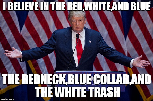 Donald Trump | I BELIEVE IN THE RED,WHITE,AND BLUE; THE REDNECK,BLUE COLLAR,AND THE WHITE TRASH | image tagged in donald trump | made w/ Imgflip meme maker