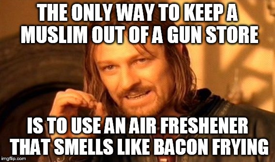 One Does Not Simply Meme | THE ONLY WAY TO KEEP A MUSLIM OUT OF A GUN STORE; IS TO USE AN AIR FRESHENER THAT SMELLS LIKE BACON FRYING | image tagged in memes,one does not simply | made w/ Imgflip meme maker