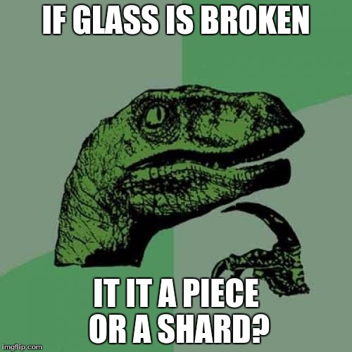 Philosoraptor | IF GLASS IS BROKEN; IT IT A PIECE OR A SHARD? | image tagged in memes,philosoraptor | made w/ Imgflip meme maker