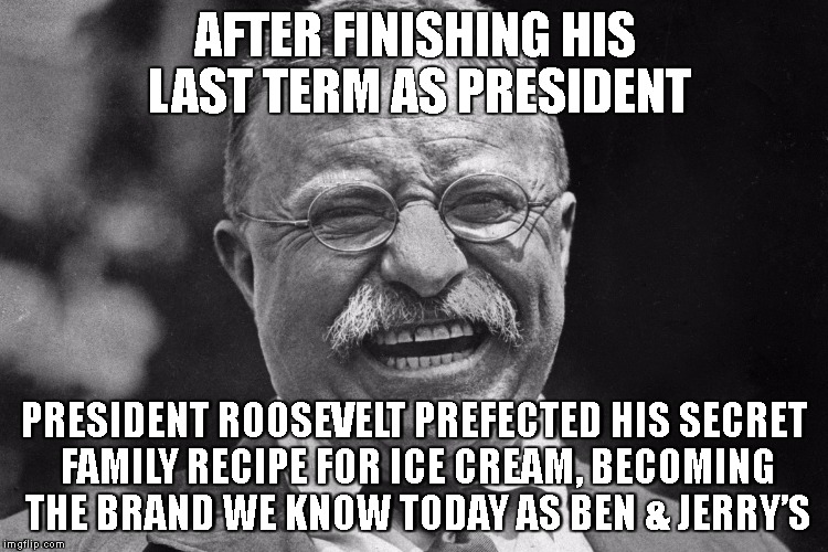 Retired Presidents | AFTER FINISHING HIS LAST TERM AS PRESIDENT; PRESIDENT ROOSEVELT PREFECTED HIS SECRET FAMILY RECIPE FOR ICE CREAM, BECOMING THE BRAND WE KNOW TODAY AS BEN & JERRY’S | image tagged in president,fyi | made w/ Imgflip meme maker