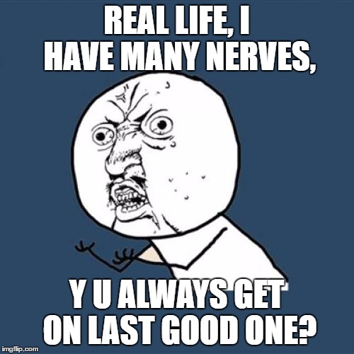 REAL LIFE, I HAVE MANY NERVES, Y U ALWAYS GET ON LAST GOOD ONE? | made w/ Imgflip meme maker