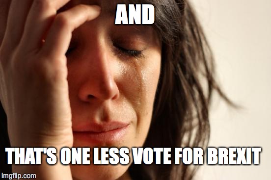 First World Problems Meme | AND THAT'S ONE LESS VOTE FOR BREXIT | image tagged in memes,first world problems | made w/ Imgflip meme maker