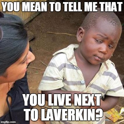 Third World Skeptical Kid Meme | YOU MEAN TO TELL ME THAT YOU LIVE NEXT TO LAVERKIN? | image tagged in memes,third world skeptical kid | made w/ Imgflip meme maker