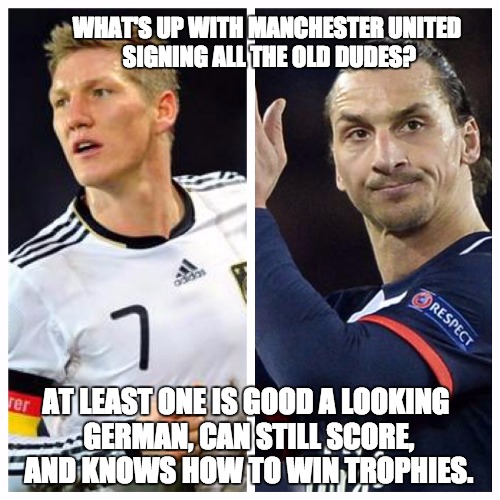 Manchester United Old Dudes | WHAT'S UP WITH MANCHESTER UNITED SIGNING ALL THE OLD DUDES? AT LEAST ONE IS GOOD A LOOKING GERMAN, CAN STILL SCORE, AND KNOWS HOW TO WIN TROPHIES. | image tagged in manchester united,soccer,germany,sweden,soccer flop,big tits | made w/ Imgflip meme maker