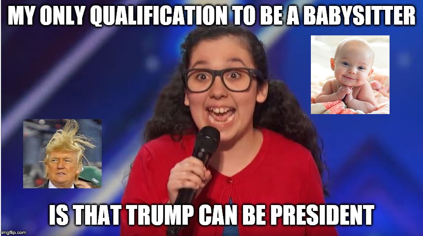 MY ONLY QUALIFICATION TO BE A BABYSITTER; IS THAT TRUMP CAN BE PRESIDENT | image tagged in trump roast | made w/ Imgflip meme maker