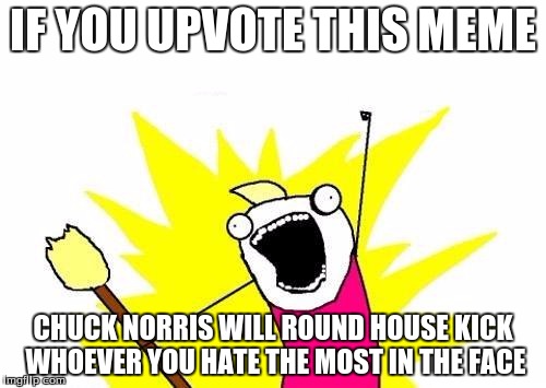 Enjoy the satisfactory. :D | IF YOU UPVOTE THIS MEME; CHUCK NORRIS WILL ROUND HOUSE KICK WHOEVER YOU HATE THE MOST IN THE FACE | image tagged in memes,x all the y,chuck norris | made w/ Imgflip meme maker