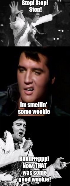 Thanks to evilmandoevil for the idea! | Stop! Stop! Stop! Im smellin' some wookie; Buuurrrppp! Now, THAT was some good wookie! | image tagged in elvis' last supper,where have all the wookies gone,elvis lives | made w/ Imgflip meme maker