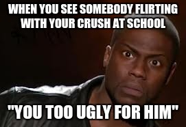 Kevin Hart | WHEN YOU SEE SOMEBODY FLIRTING WITH YOUR CRUSH AT SCHOOL; "YOU TOO UGLY FOR HIM" | image tagged in memes,kevin hart the hell | made w/ Imgflip meme maker