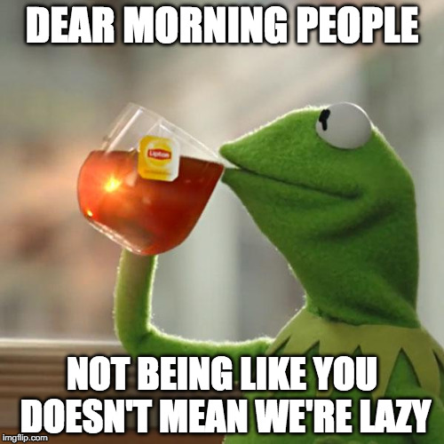But That's None Of My Business Meme | DEAR MORNING PEOPLE; NOT BEING LIKE YOU DOESN'T MEAN WE'RE LAZY | image tagged in memes,but thats none of my business,kermit the frog | made w/ Imgflip meme maker