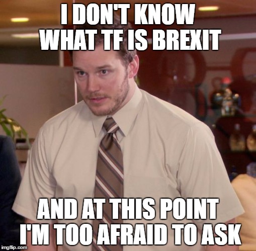 Afraid To Ask Andy Meme | I DON'T KNOW WHAT TF IS BREXIT; AND AT THIS POINT I'M TOO AFRAID TO ASK | image tagged in memes,afraid to ask andy | made w/ Imgflip meme maker