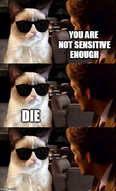 YOU ARE NOT SENSITIVE ENOUGH; DIE | image tagged in waiting for the funny,grumpy cat,meme,overly sensitive | made w/ Imgflip meme maker
