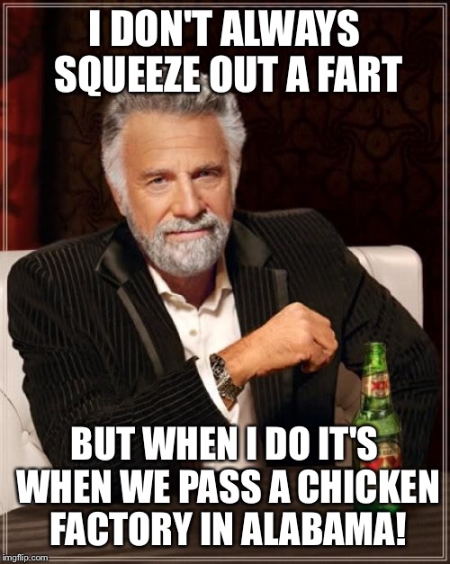 The Most Interesting Man In The World | I DON'T ALWAYS SQUEEZE OUT A FART; BUT WHEN I DO IT'S WHEN WE PASS A CHICKEN FACTORY IN ALABAMA! | image tagged in memes,the most interesting man in the world | made w/ Imgflip meme maker