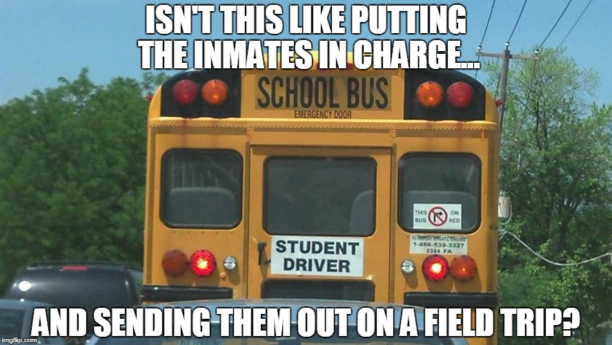 student school bus driver | ISN'T THIS LIKE PUTTING THE INMATES IN CHARGE... AND SENDING THEM OUT ON A FIELD TRIP? | image tagged in student school bus driver | made w/ Imgflip meme maker