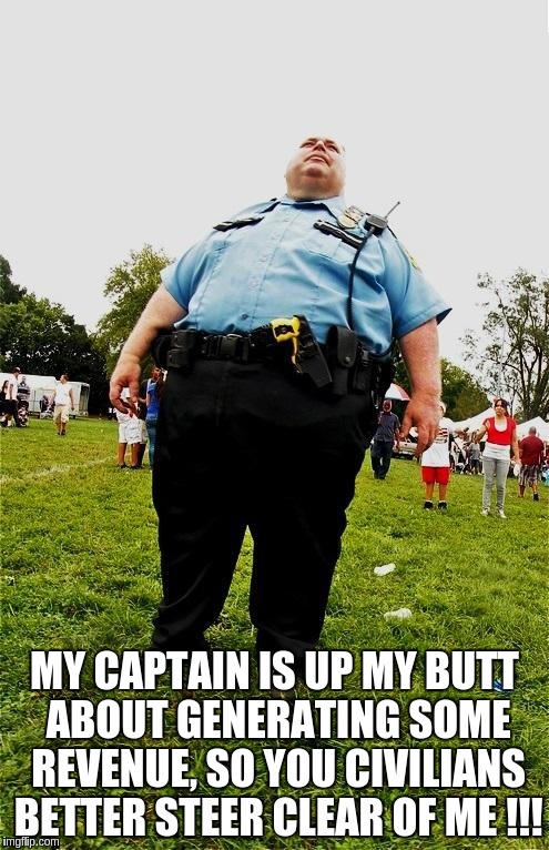 Fat Cop | MY CAPTAIN IS UP MY BUTT ABOUT GENERATING SOME REVENUE, SO YOU CIVILIANS BETTER STEER CLEAR OF ME !!! | image tagged in fat cop | made w/ Imgflip meme maker