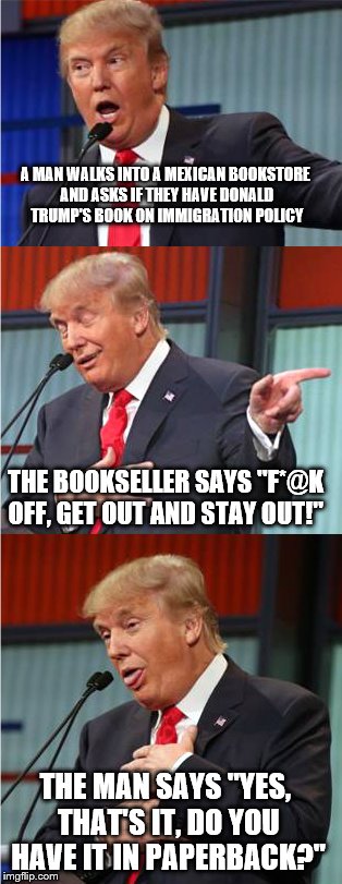 Bad Pun Trump | A MAN WALKS INTO A MEXICAN BOOKSTORE AND ASKS IF THEY HAVE DONALD TRUMP'S BOOK ON IMMIGRATION POLICY; THE BOOKSELLER SAYS "F*@K OFF, GET OUT AND STAY OUT!"; THE MAN SAYS "YES, THAT'S IT, DO YOU HAVE IT IN PAPERBACK?" | image tagged in bad pun trump,nsfw | made w/ Imgflip meme maker