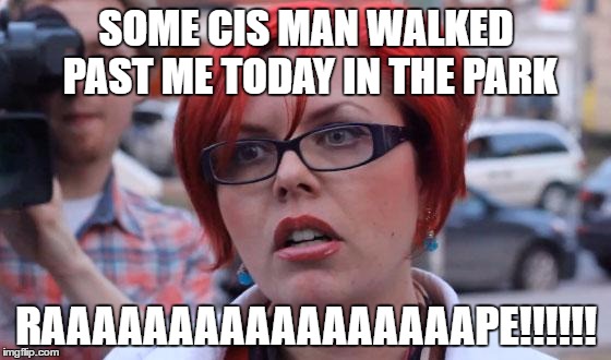 Angry Feminist | SOME CIS MAN WALKED PAST ME TODAY IN THE PARK; RAAAAAAAAAAAAAAAAAPE!!!!!! | image tagged in angry feminist | made w/ Imgflip meme maker