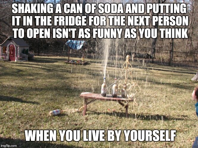 sodaboom | SHAKING A CAN OF SODA AND PUTTING IT IN THE FRIDGE FOR THE NEXT PERSON TO OPEN ISN'T AS FUNNY AS YOU THINK; WHEN YOU LIVE BY YOURSELF | image tagged in sodaboom | made w/ Imgflip meme maker