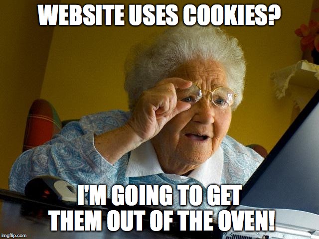 Grandma Finds The Internet | WEBSITE USES COOKIES? I'M GOING TO GET THEM OUT OF THE OVEN! | image tagged in memes,grandma finds the internet | made w/ Imgflip meme maker