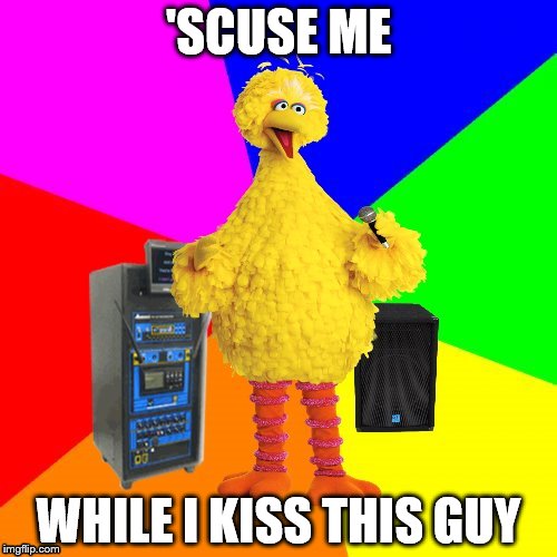Wrong Lyrics Karaoke big bird does Hendrix. Maybe you caught him doing something else wrong? | 'SCUSE ME; WHILE I KISS THIS GUY | image tagged in wrong lyrics karaoke big bird,memes,new template | made w/ Imgflip meme maker