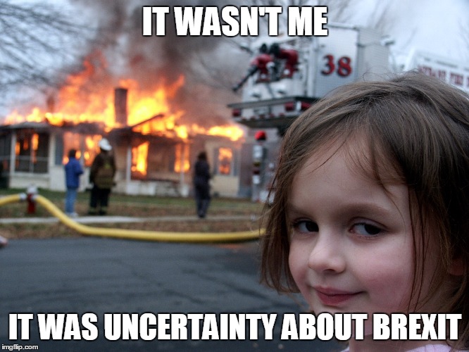 house fire child | IT WASN'T ME; IT WAS UNCERTAINTY ABOUT BREXIT | image tagged in house fire child | made w/ Imgflip meme maker