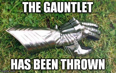 thrown gauntlet | THE GAUNTLET HAS BEEN THROWN | image tagged in thrown gauntlet | made w/ Imgflip meme maker