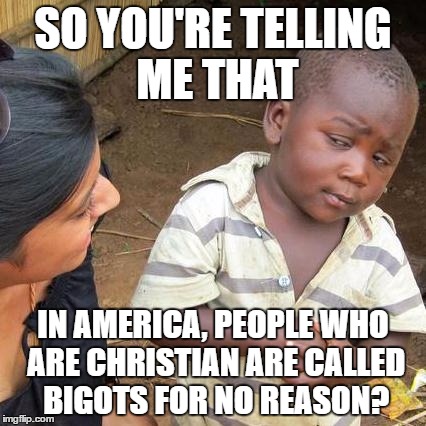 The SAD truth. :( | SO YOU'RE TELLING ME THAT; IN AMERICA, PEOPLE WHO ARE CHRISTIAN ARE CALLED BIGOTS FOR NO REASON? | image tagged in memes,third world skeptical kid,template quest | made w/ Imgflip meme maker