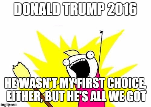 X All The Y | DONALD TRUMP 2016; HE WASN'T MY FIRST CHOICE, EITHER, BUT HE'S ALL WE GOT | image tagged in memes,x all the y | made w/ Imgflip meme maker