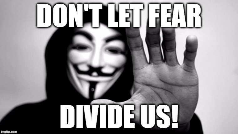 Anonymous Legion. | DON'T LET FEAR; DIVIDE US! | image tagged in anonymous,fear,truth hurts,revolution,propaganda,meme | made w/ Imgflip meme maker