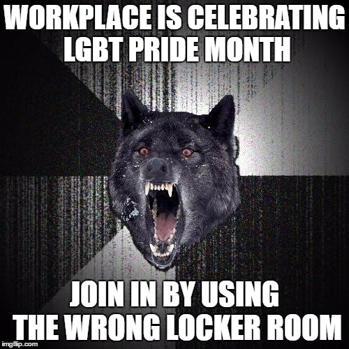 If anyone says anything, claim that you're "questioning" and their objection is a form of othering and microaggression. | WORKPLACE IS CELEBRATING LGBT PRIDE MONTH; JOIN IN BY USING THE WRONG LOCKER ROOM | image tagged in memes,insanity wolf | made w/ Imgflip meme maker