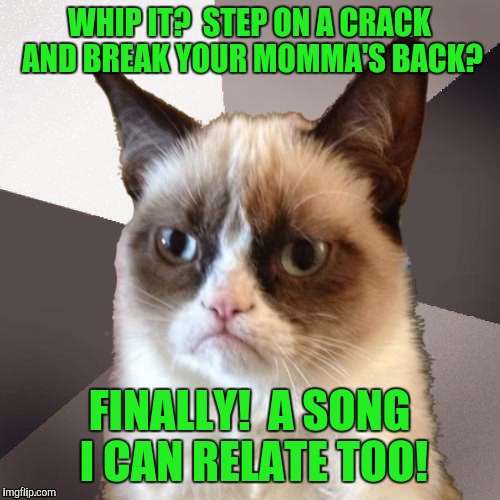 Musically Malicious Grumpy Cat | WHIP IT?  STEP ON A CRACK AND BREAK YOUR MOMMA'S BACK? FINALLY!  A SONG I CAN RELATE TOO! | image tagged in musically malicious grumpy cat | made w/ Imgflip meme maker