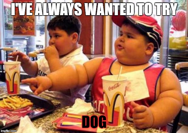 Fat McDonald's Kid | I'VE ALWAYS WANTED TO TRY DOG | image tagged in fat mcdonald's kid | made w/ Imgflip meme maker