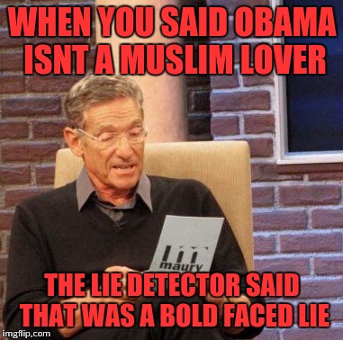 Maury Lie Detector | WHEN YOU SAID OBAMA ISNT A MUSLIM LOVER; THE LIE DETECTOR SAID THAT WAS A BOLD FACED LIE | image tagged in memes,maury lie detector | made w/ Imgflip meme maker