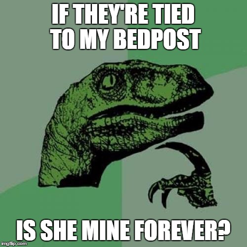 Philosoraptor Meme | IF THEY'RE TIED TO MY BEDPOST IS SHE MINE FOREVER? | image tagged in memes,philosoraptor | made w/ Imgflip meme maker