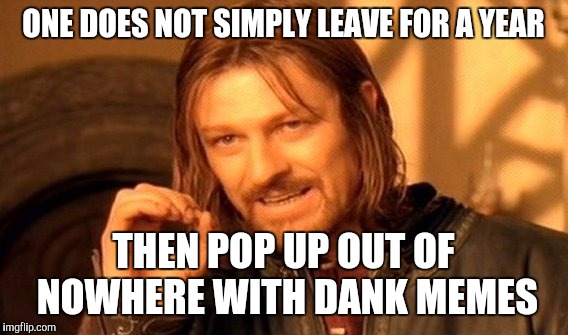 One Does Not Simply Meme | ONE DOES NOT SIMPLY LEAVE FOR A YEAR; THEN POP UP OUT OF NOWHERE WITH DANK MEMES | image tagged in memes,one does not simply | made w/ Imgflip meme maker