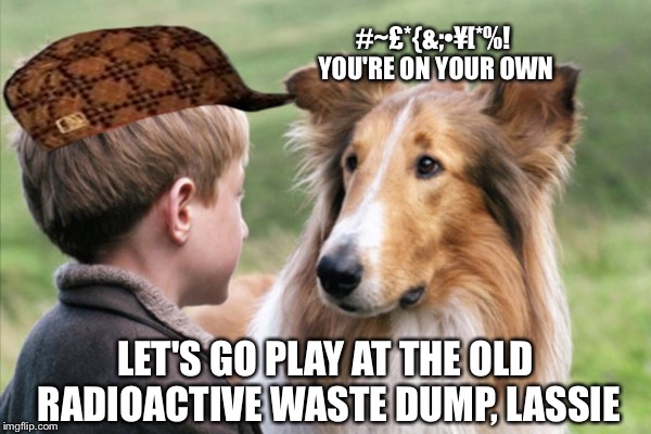 Last Episode of the Lassie Show | #~£*{&;•¥[*%! YOU'RE ON YOUR OWN; LET'S GO PLAY AT THE OLD RADIOACTIVE WASTE DUMP, LASSIE | image tagged in lassie | made w/ Imgflip meme maker