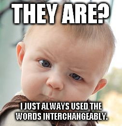 Skeptical Baby Meme | THEY ARE? I JUST ALWAYS USED THE WORDS INTERCHANGEABLY. | image tagged in memes,skeptical baby | made w/ Imgflip meme maker