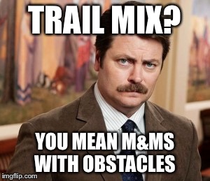 Ron Swanson  | TRAIL MIX? YOU MEAN M&MS WITH OBSTACLES | image tagged in ron swanson,memes | made w/ Imgflip meme maker
