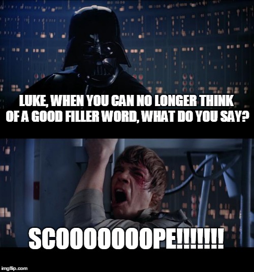 Funny filler word | LUKE, WHEN YOU CAN NO LONGER THINK OF A GOOD FILLER WORD, WHAT DO YOU SAY? SCOOOOOOOPE!!!!!!! | image tagged in memes,star wars no,luke,filler word,think,scope | made w/ Imgflip meme maker