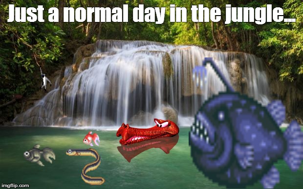 Just a normal day in the jungle... | Just a normal day in the jungle... | image tagged in waterfall,monkey,goldfish,eel,normal | made w/ Imgflip meme maker